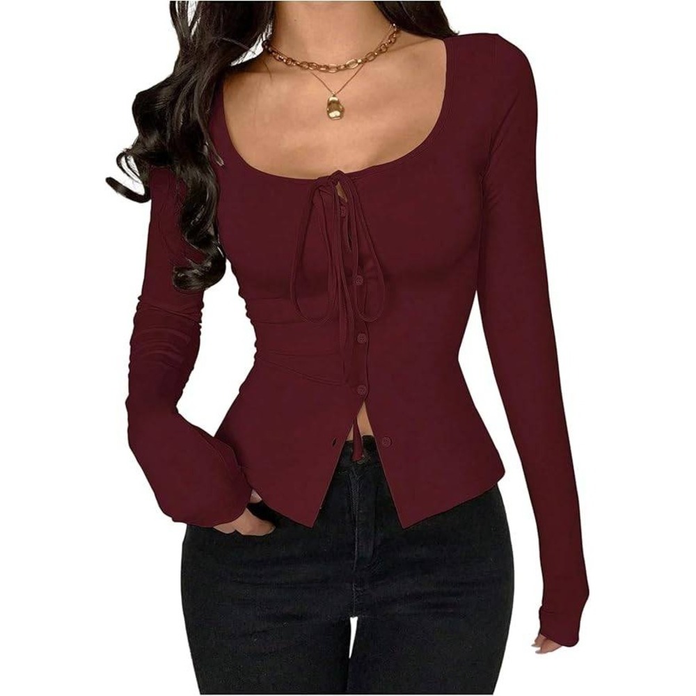 MSRP $25 SOLY HUX Women's S Long Sleeve Shirt Bow Tie Button Down‎ Scoop Neck